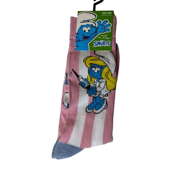 The Smurfs Smurfette Pink White Striped Crew Socks One Size NWT - Picture 1 of 2